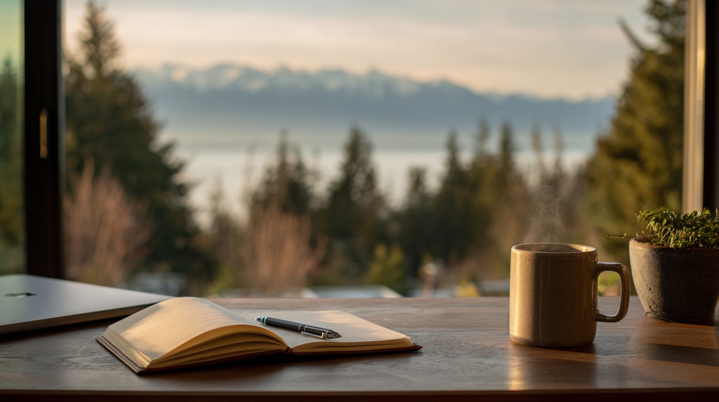 Workspace with Pacific Northwest mountain and water view